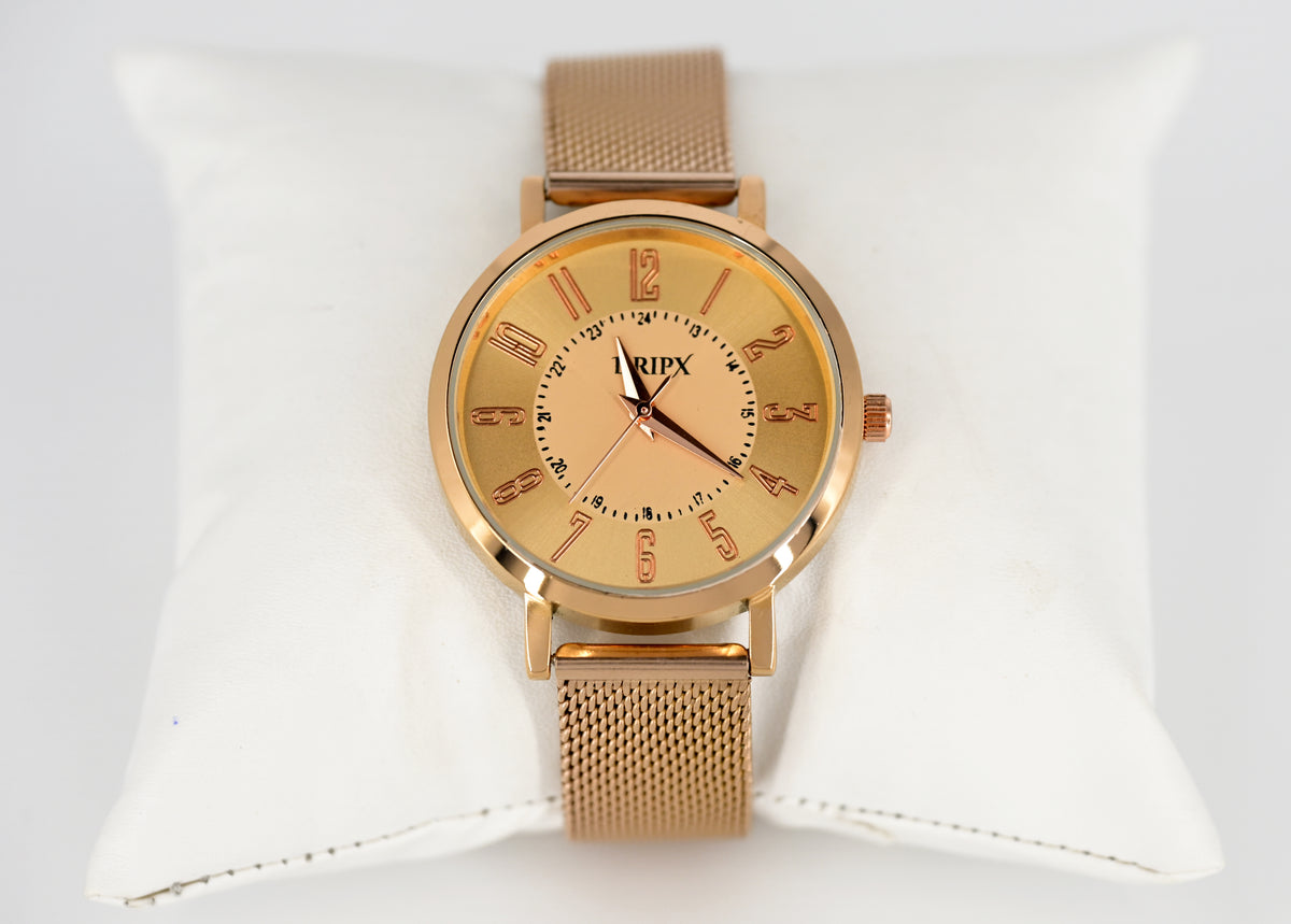 Minimal Golden Dial Rose Gold Metal Strap Women's Watch
