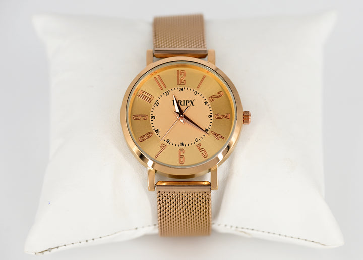 Minimal Golden Dial Rose Gold Metal Strap Women's Watch
