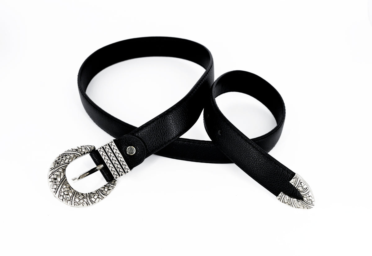 Women's Faux Leather Ornate Buckle Belt – Black