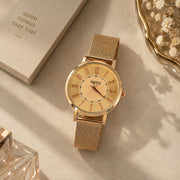 Minimal Golden Dial Rose Gold Metal Strap Women's Watch