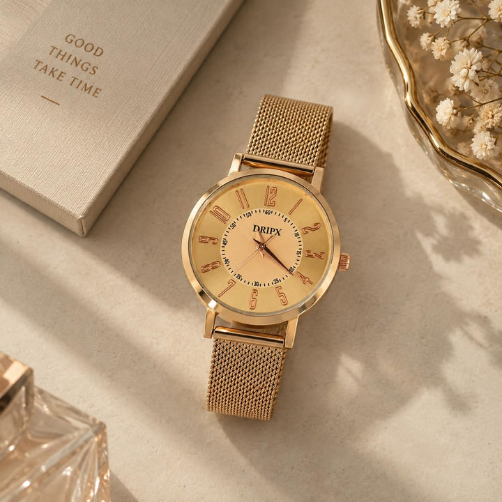 Minimal Golden Dial Rose Gold Metal Strap Women's Watch