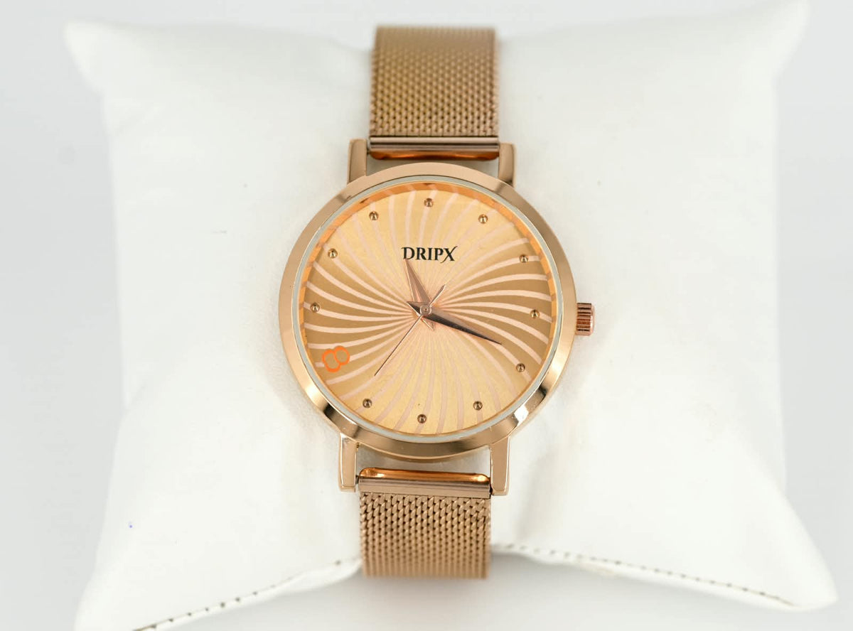 Elegant Golden Dial Rose Gold Women's Watch, Metal Strap