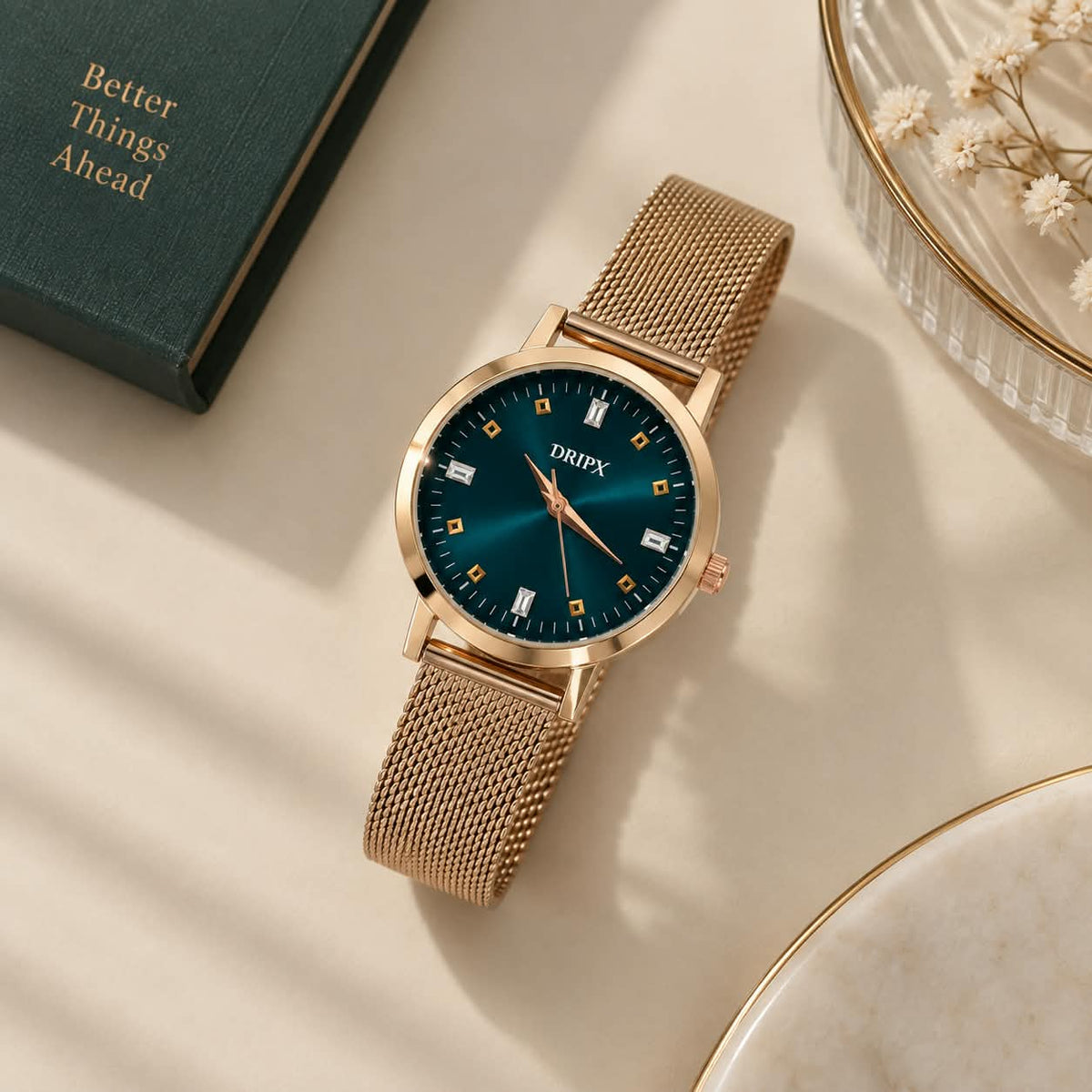 Elegant and Minimal Green Dial Rose Gold Chain Women's Watch