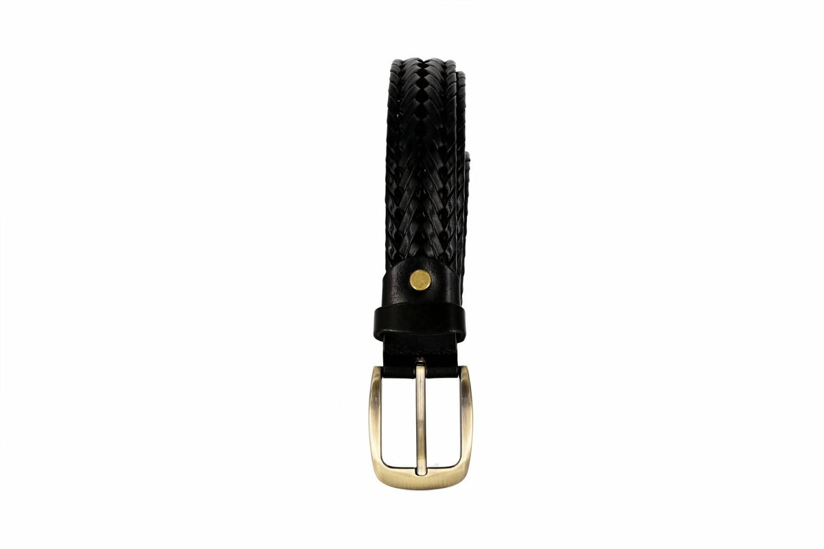 Men's Black Braided Genuine Leather Belt with Brass Buckle