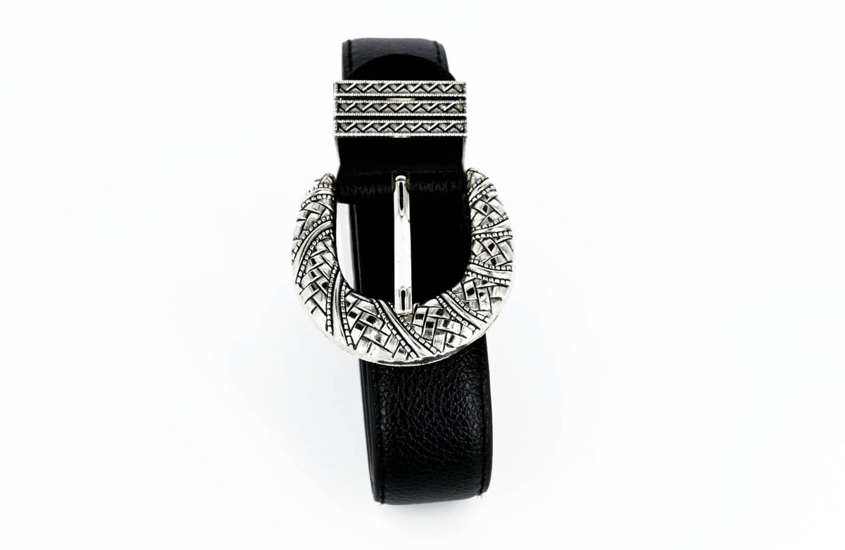 Women's Faux Leather Ornate Buckle Belt – Black