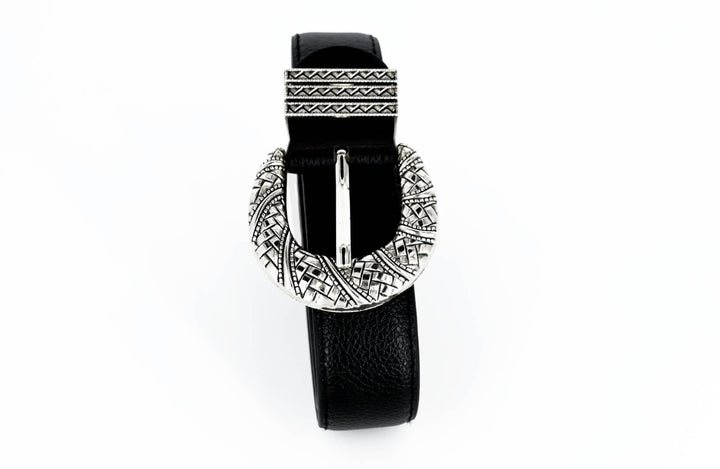 Women's Faux Leather Ornate Buckle Belt – Black