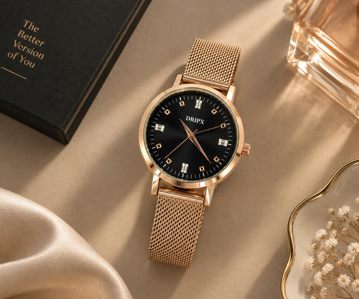 Elegant and Minimal Black Dial Rose Gold Chain Women's Watch (Copy)